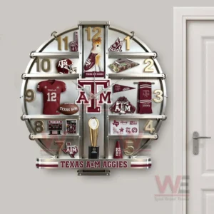 Decorative Texas AM Aggies wall clock with metallic frame central logo sports memorabilia style layout and bold team colors.