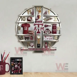 Texas A&M Aggies Home Decorative 3D Wall Clock 5 Texas AM Aggies wall clock displayed above a desk with sports decor and a clean modern interior background.