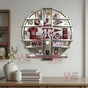 Texas A&M Aggies Home Decorative 3D Wall Clock 6 Texas AM Aggies decorative wall clock mounted in a modern living room with minimalist furniture and neutral colors.