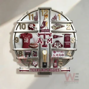 Texas A&M Aggies Home Decorative 3D Wall Clock 7 Close up view of a Texas AM Aggies themed wall clock showing detailed sports icons and strong team identity.