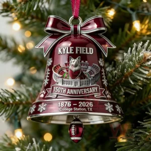 Maroon Kyle Field 150th anniversary bell ornament with stadium and mascot design hanging on a Christmas tree.