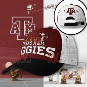 Texas A&M Aggies Snoopy Premium Cap hat 4 Texas AM Aggies cap shown in a promotional layout with front embroidery and interior pattern view!
