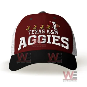 Texas A&M Aggies Snoopy Premium Cap hat 5 Front view of a Texas AM Aggies cap with Snoopy football embroidery and bold lettering!