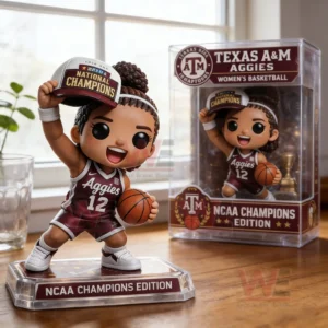 Texas AM Aggies women basketball collectible figure holding a ball and raising a national champions cap on an NCAA champions edition base with the branded display box behind it.
