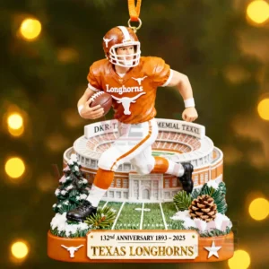 Ornament of a Texas Longhorns football player running with a ball in front of a stadium replica with anniversary information displayed below!