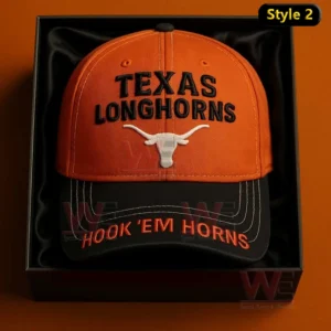 Orange and black Texas Longhorns baseball cap with embroidered logo and text shown in a box against a dark background!