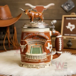 Texas Longhorns 133rd Anniversary Commemorative Beer Stein 4 Texas Longhorns beer stein with bull lid and football handle displayed in a western themed interior setting!