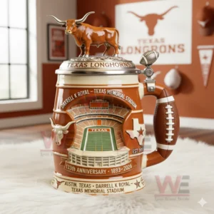 Texas Longhorns 133rd Anniversary Commemorative Beer Stein 5 Texas Longhorns commemorative beer stein with bull lid football handle and stadium design displayed in a modern interior!