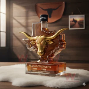 Texas Longhorns 1906-2025 119th Anniversary Custom Whiskey Bottle 5 Texas Longhorns bottle with golden longhorn head and dark cap standing on a white rug in a wooden interior with longhorn artwork behind it!