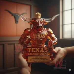 Texas Longhorns 4-Time National Champions Whiskey Bottle 4 Hands holding a Texas Longhorns themed bull shaped whiskey bottle indoors!