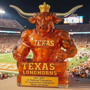 Texas Longhorns 4-Time National Champions Whiskey Bottle 5 Texas Longhorns bull shaped whiskey bottle showcased with a football stadium background at night!