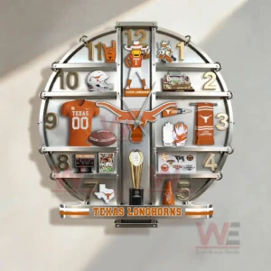 Texas Longhorns themed wall clock with memorabilia shelves and team logo centerpiece!