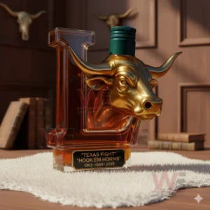 Amber letter L shaped bottle with golden longhorn head and green cap standing on a white rug in a wooden interior!
