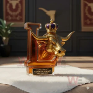 Letter L shaped amber bottle with golden longhorn head and crown placed on a white rug in an elegant decorated room!