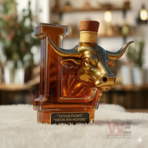 A longhorn themed bottle with a wooden top standing on a fluffy rug in a warm bright room!