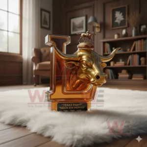 Texas Longhorns NCAA Champions Whiskey Bottle 6 A longhorn themed bottle with a rider figure on top standing on a rug in a classic wood paneled room!