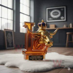 Texas Longhorns NCAA Champions Whiskey Bottle 7 A longhorn themed bottle with a royal crown top standing on a fluffy rug in a bright loft room!
