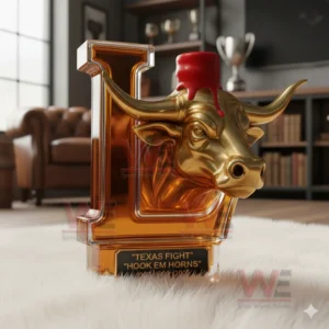Texas Longhorns NCAA Champions Whiskey Bottle 8 A longhorn themed bottle with a red wax top standing on a fluffy rug in a warm trophy filled room!