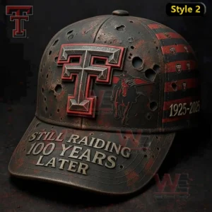 Texas Tech Red Raiders 100th Anniversary 1925-2025 Cap hat 5 Texas Tech Red Raiders metallic anniversary cap with bold logo and textured surface on a dark background!