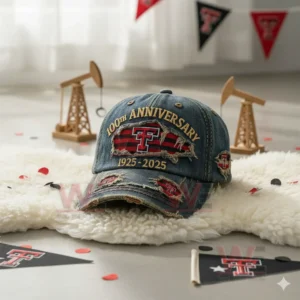 Texas Tech Red Raiders 100th Anniversary 1925-2025 Cap hat 6 Texas Tech Red Raiders one hundred year anniversary denim cap displayed on a soft surface with themed decor!