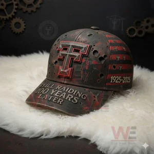 Texas Tech Red Raiders 100th Anniversary 1925-2025 Cap hat 7 Texas Tech Red Raiders one hundred year anniversary cap with metallic design displayed on a soft surface in a dark setting!