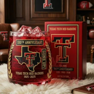 Texas Tech Red Raiders 100th Anniversary 1925-2025 Whiskey Glass 3 A Texas Tech Red Raiders anniversary glass and commemorative box displayed together in a sports themed setting!