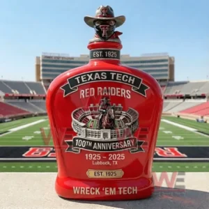 Texas Tech Red Raiders hundredth anniversary whiskey bottle displayed at a football stadium!