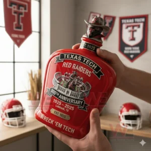 Texas Tech Red Raiders 100th Anniversary Commemorative Edition Whiskey Bottle 5 Texas Tech Red Raiders hundredth anniversary whiskey bottle held in hands with team themed background!
