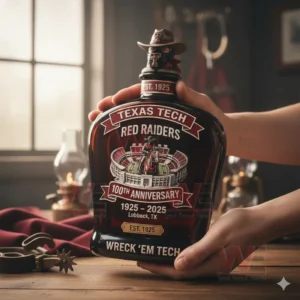 Hands holding a Texas Tech Red Raiders themed whiskey bottle in a rustic room with wooden textures and warm ambient light!