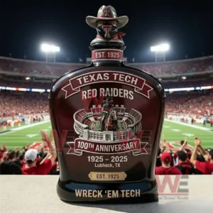 A Texas Tech Red Raiders whiskey bottle showcased at a football stadium with fans lights and an energetic sports atmosphere in the background!