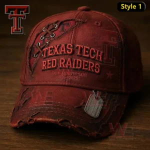 Distressed red Texas Tech Red Raiders baseball cap with embroidered logo vintage fabric details and classic collegiate style displayed on a wooden background!