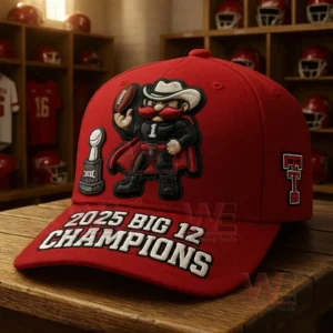 Red football championship cap with embroidered mascot football trophy and Big Twelve champions text displayed in a locker room environment!
