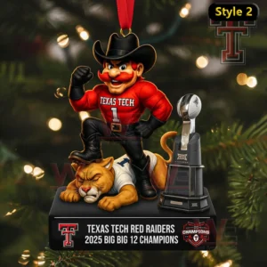 Texas Tech mascot in red shirt stands on a fallen feline opponent with a championship trophy next to them on a holiday ornament!