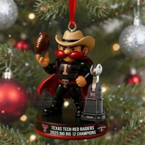 Texas Tech Red Raiders mascot holding a football beside a Big 12 championship trophy on a holiday ornament base.