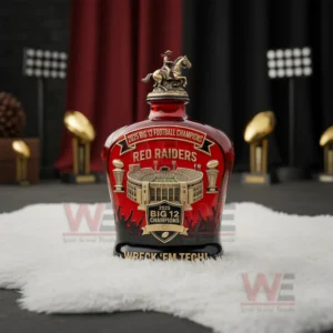 Red championship whiskey bottle with Texas Tech Red Raiders branding stadium artwork and rider figure lid displayed in a celebratory sports setting!