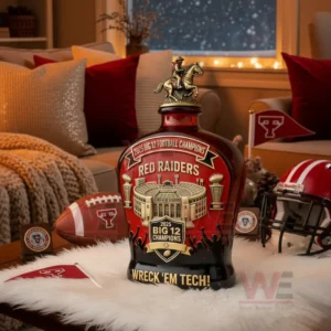 Texas Tech Red Raiders championship whiskey bottle displayed in a living room with football memorabilia and warm ambient lighting!