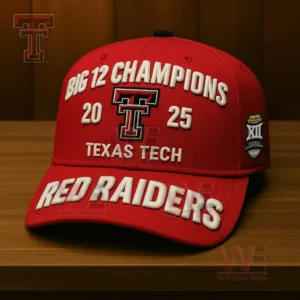 Red Texas Tech Red Raiders 2025 Big 12 Champions cap with raised white lettering and team logo on a wooden table.