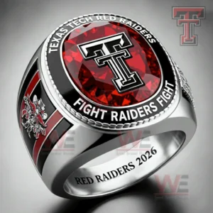 Texas Tech Red Raiders ring with red gemstone style center raised double T logo Texas Tech Red Raiders Fight Raiders Fight lettering masked rider emblem red and black enamel accents and inner band engraving Red Raiders two thousand twenty six!