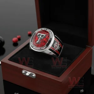 Texas Tech Red Raiders Fight Riders Fight Ring 5 Texas Tech Red Raiders ring in an open wooden box with black velvet interior featuring a red gemstone style top double T logo Texas Tech Red Raiders Fight Raiders Fight text and red and black side accents!