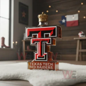 A Texas Tech letter bottle with a gold crown standing on a fluffy rug in a warm room!