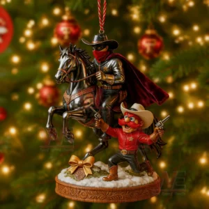 Ornament of a masked rider on a rearing horse with a cheerful cowboy holding pistols in front of a glowing Christmas tree!