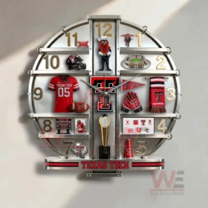 Decorative Texas Tech wall clock with red and black sports elements mascot figure and detailed memorabilia in a modern circular design!