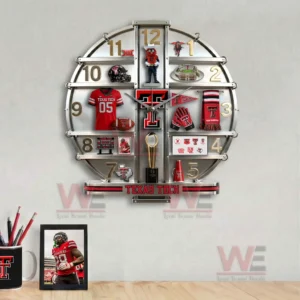 Texas Tech sports wall clock mounted above a desk with framed football image and clean modern interior style!