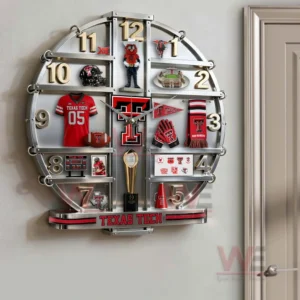 Texas Tech themed wall clock near a doorway with metallic frame and detailed collegiate sports memorabilia!