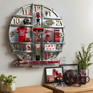 Texas Tech wall clock displayed in a decorated room with desk plants football photo helmet and coordinated fan accessories!