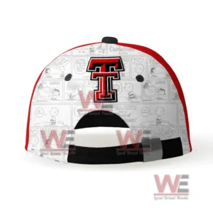 Back view of a red white and black Texas Tech cap with comic pattern and adjustable closure!