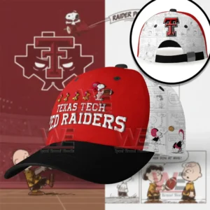Texas Tech Red Raiders Snoopy Premium Cap hat 4 Texas Tech Red Raiders Snoopy cap shown in a promotional scene with themed graphics and close detail view!