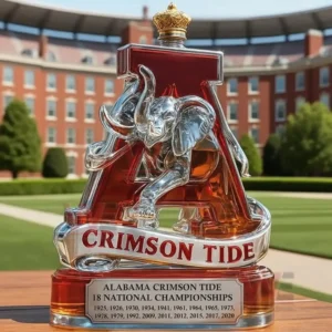 Alabama Crimson Tide themed whiskey bottle with elephant emblem and crown stopper displayed outdoors on campus lawn!