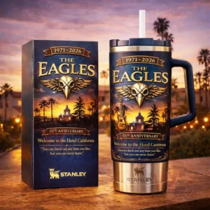 The Eagles anniversary tumbler with matching box featuring Hotel California inspired sunset artwork and gold emblem!