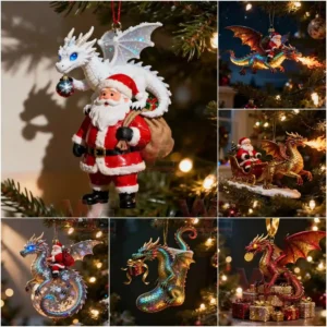 The image displays a Santa figure accompanied by a sparkling white dragon hanging on a decorated Christmas tree.